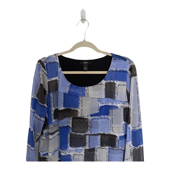 Alfani Blue Patchwork Mesh Sleeve Long Sleeve Plus Size 2X Blouse Abstract - Picture 2 of 5